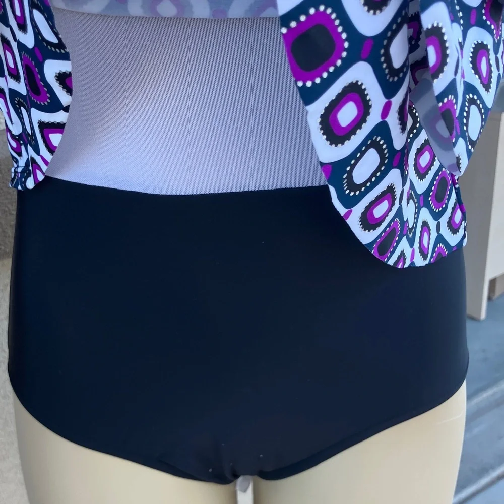 Swim Solutions Black White and Purple Geometric One Piece Swimdress - Picture 8 of 10